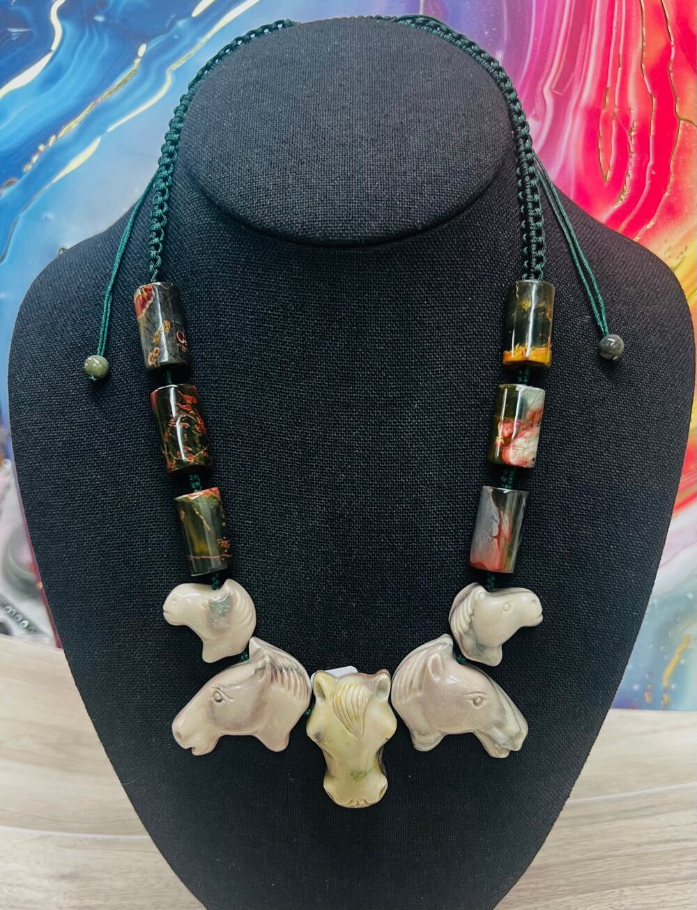 Cherry Creek Jasper and Impression Jasper Horse Macrame Statement Necklace